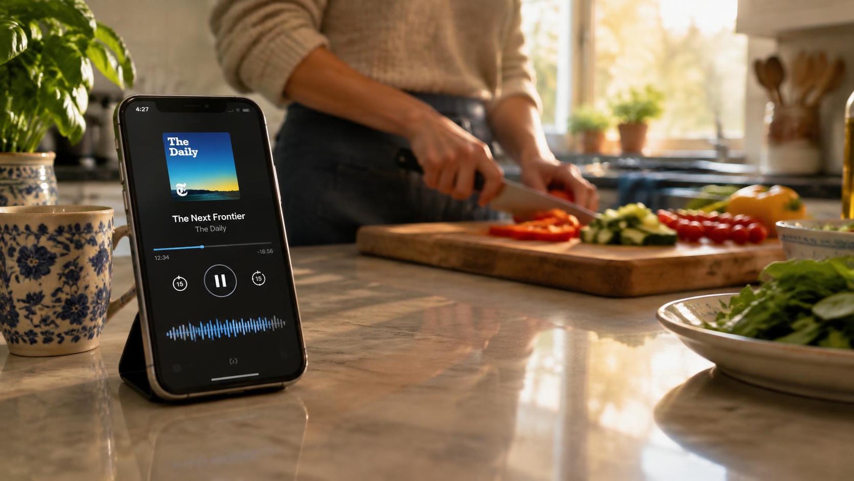 A photorealistic scene of a smartphone propped on a kitchen counter playing a podcast with a waveform, while a person slices vegetables in the background, warm afternoon light through the window, 16:9