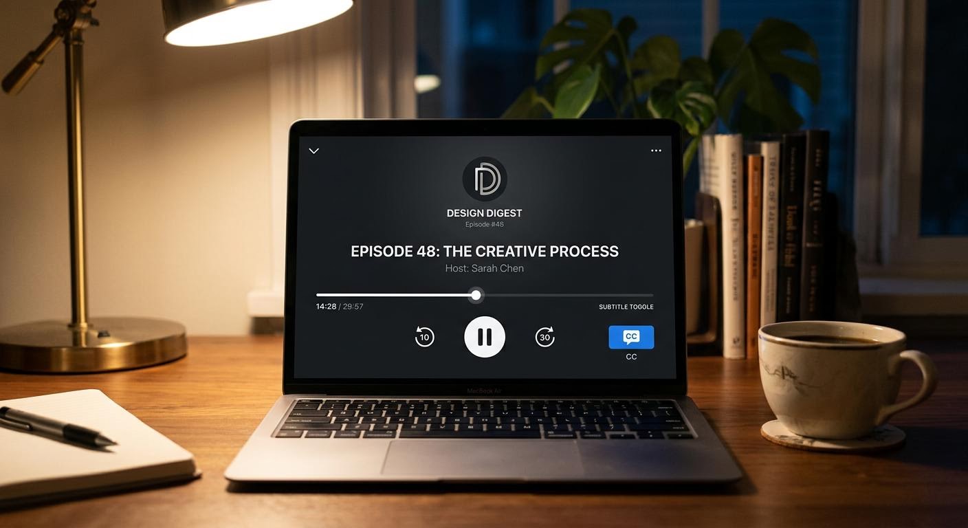 English, photorealistic, a laptop screen showing a podcast player with a subtitle toggle button and a replay timeline, dim evening desk lamp, a coffee cup nearby, minimal text