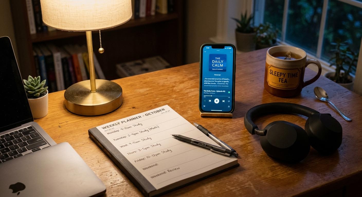 English, photorealistic, a calm evening desk scene with headphones, a phone showing a highlighted podcast transcript, a cup of tea, and a weekly planner marked with study blocks, warm lamp light, minimal text