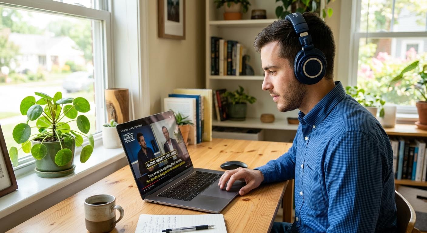 English, photorealistic, a man in a collared shirt listening to a business podcast through over-ear headphones while looking at bilingual subtitles on a laptop in a bright home office, natural window light, minimal text