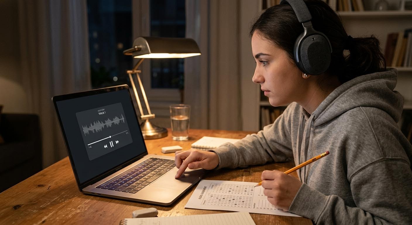 a person wearing over ear headphones pausing and replaying an audio track on a laptop screen, a hand holding a pencil above a partly filled answer sheet, evening desk lamp light, minimal text