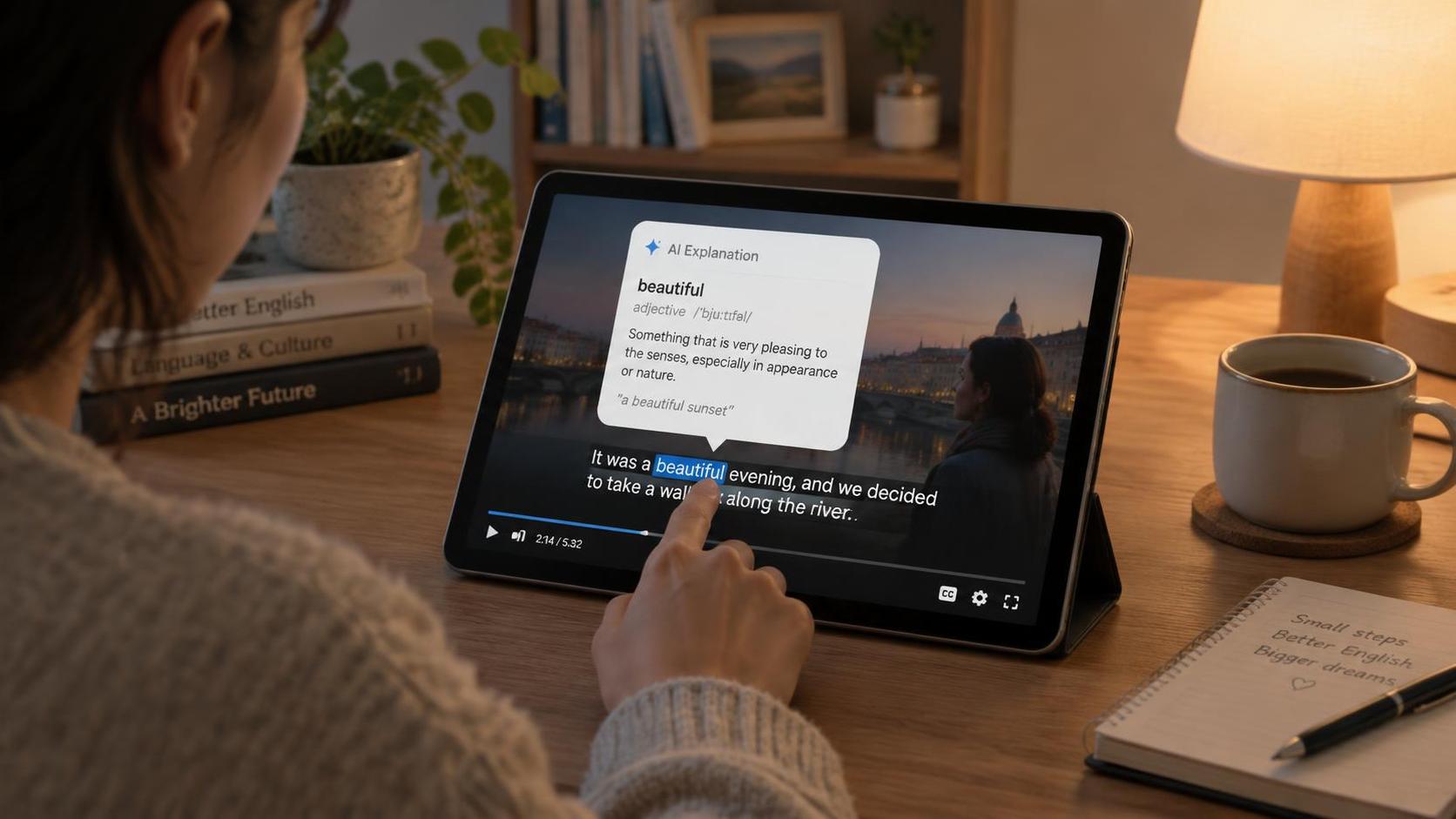a person tapping a subtitle word on a tablet, a small AI explanation card floating above the text, soft evening lamp light, cozy desk setup, neutral tones
