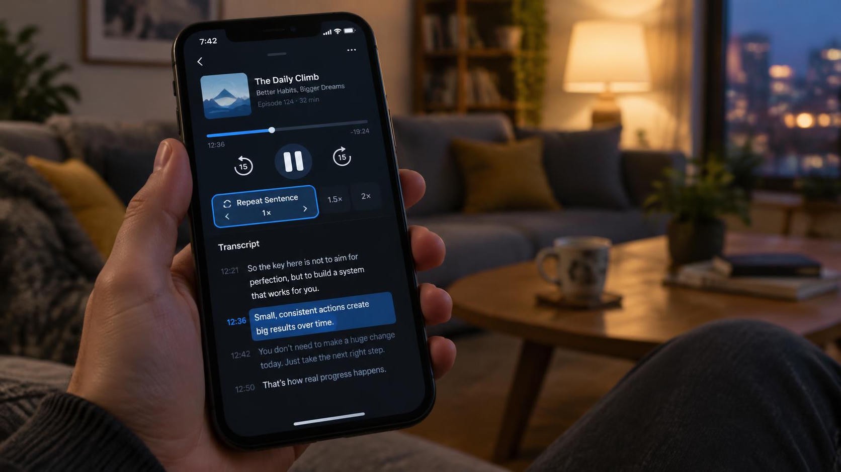 A smartphone screen showing a podcast player with a sentence repeat control and a transcript highlighted line, held in one hand, blurred living room background in the evening, soft lamp light, 16:9