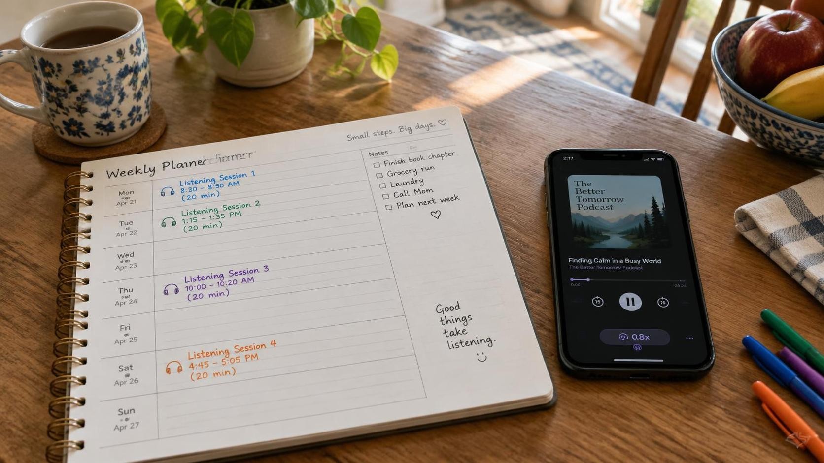 A weekly paper planner on a kitchen table with four short listening sessions marked in colored ink, a phone showing a podcast player paused at 0.8x speed, natural afternoon light, cozy home setting, 16:9