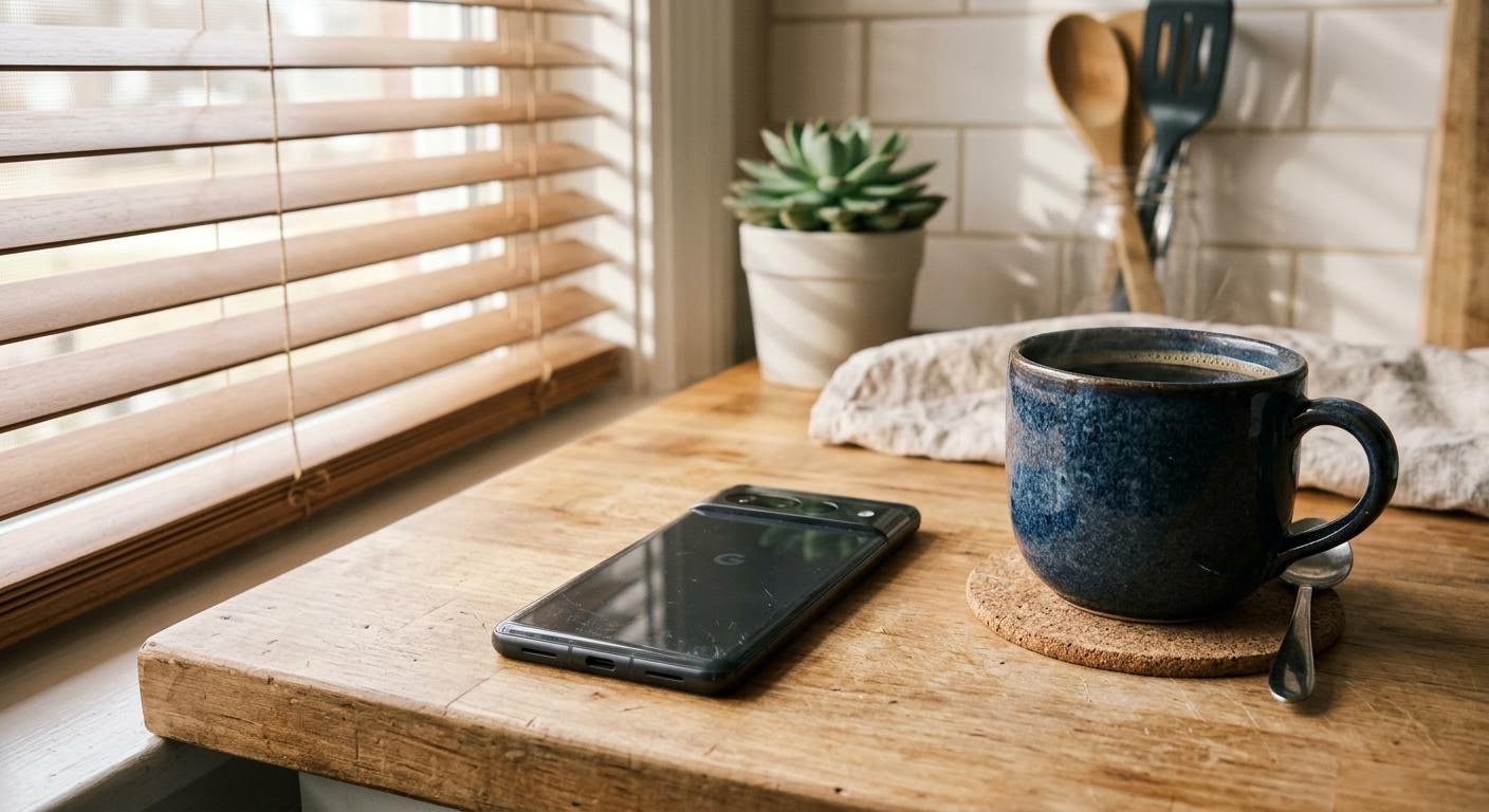 English, photorealistic, a smartphone standing on a kitchen counter playing a podcast with the screen facing down, a coffee cup beside it, soft morning light through blinds, minimal text