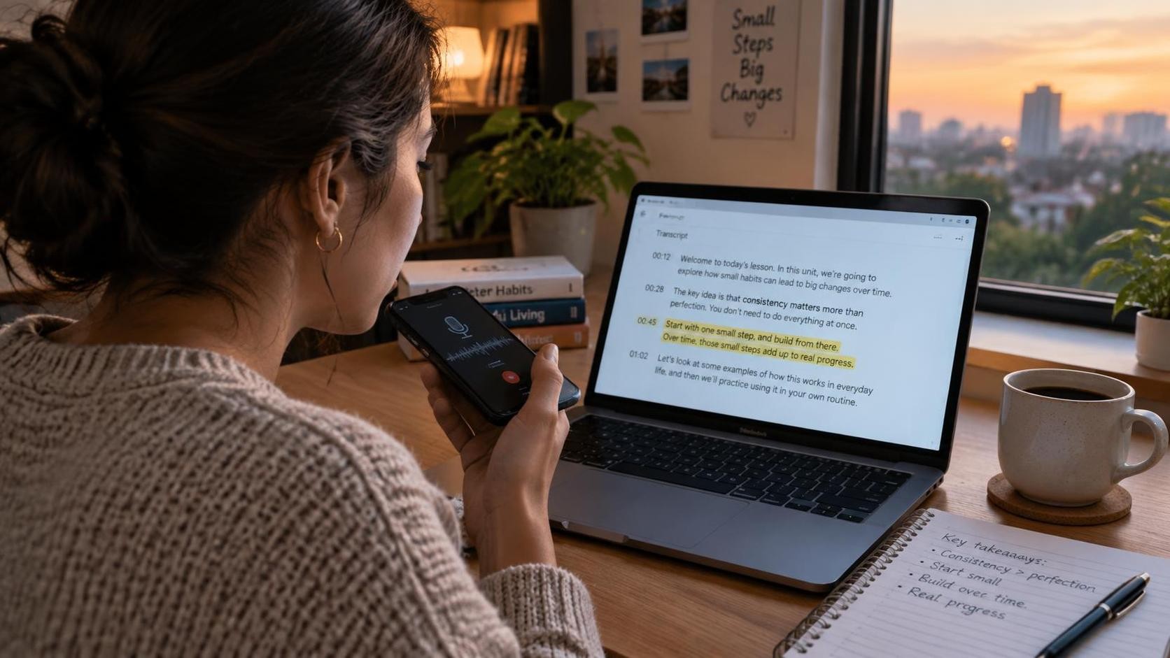 Over the shoulder view of a learner speaking into a phone microphone while reading a highlighted transcript line, notebook and coffee cup on the desk, soft evening light through a window, 16:9