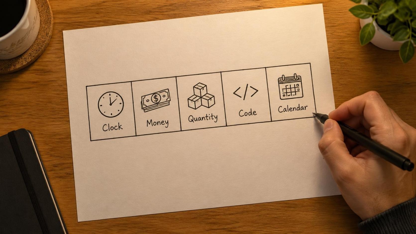 A hand drawing a simple five-box grid on paper labeled with icons for clock, money, quantity, code and calendar, warm indoor lighting, overhead angle, 16:9