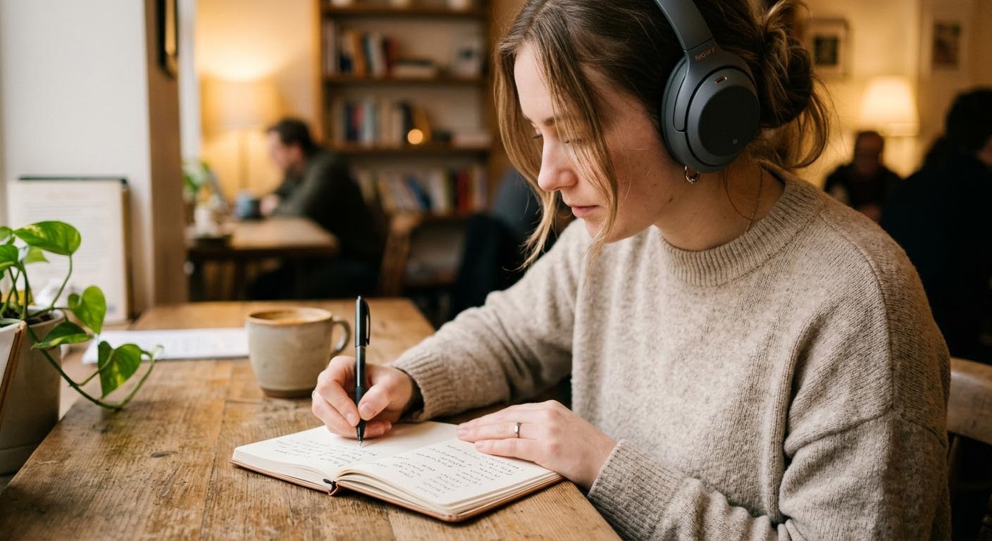 English, photorealistic, a person writing a few handwritten keywords in a small notebook while wearing headphones, the notes slightly out of focus, warm indoor light, minimal text