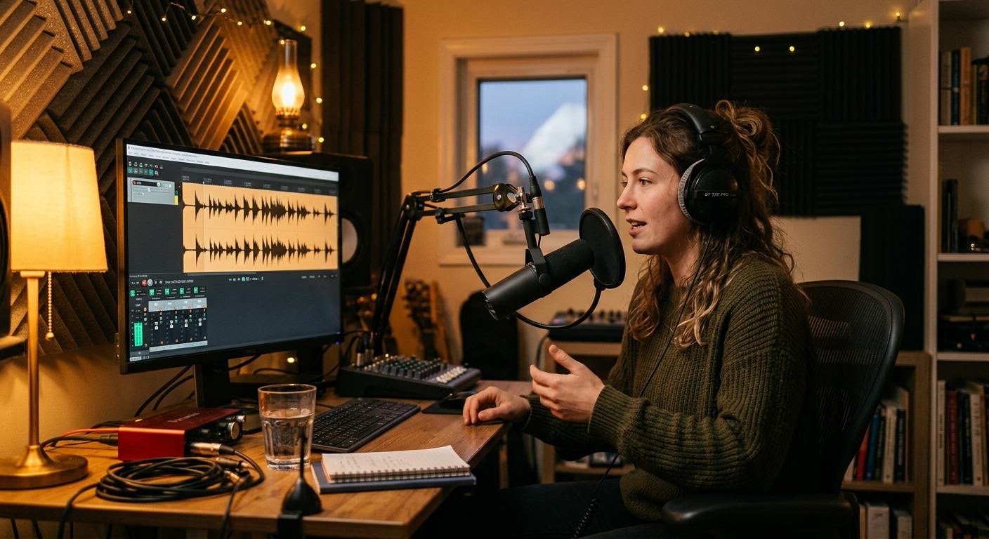 Person speaking into a microphone in a small home studio, waveform visible on a monitor, warm evening lamp light, photorealistic