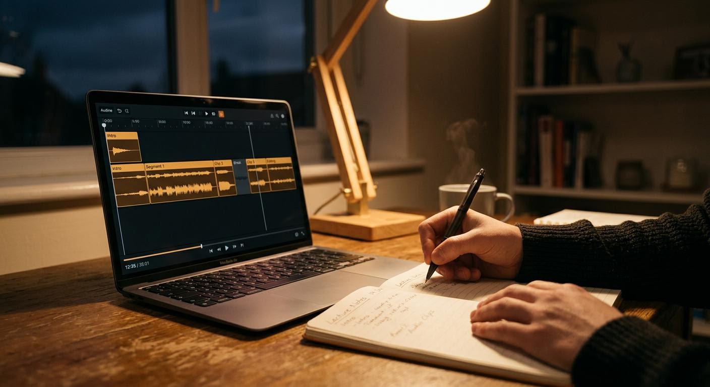 A learner's hands writing notes next to a laptop timeline of audio clips, warm desk lamp light, evening study room, shallow depth of field, minimal text