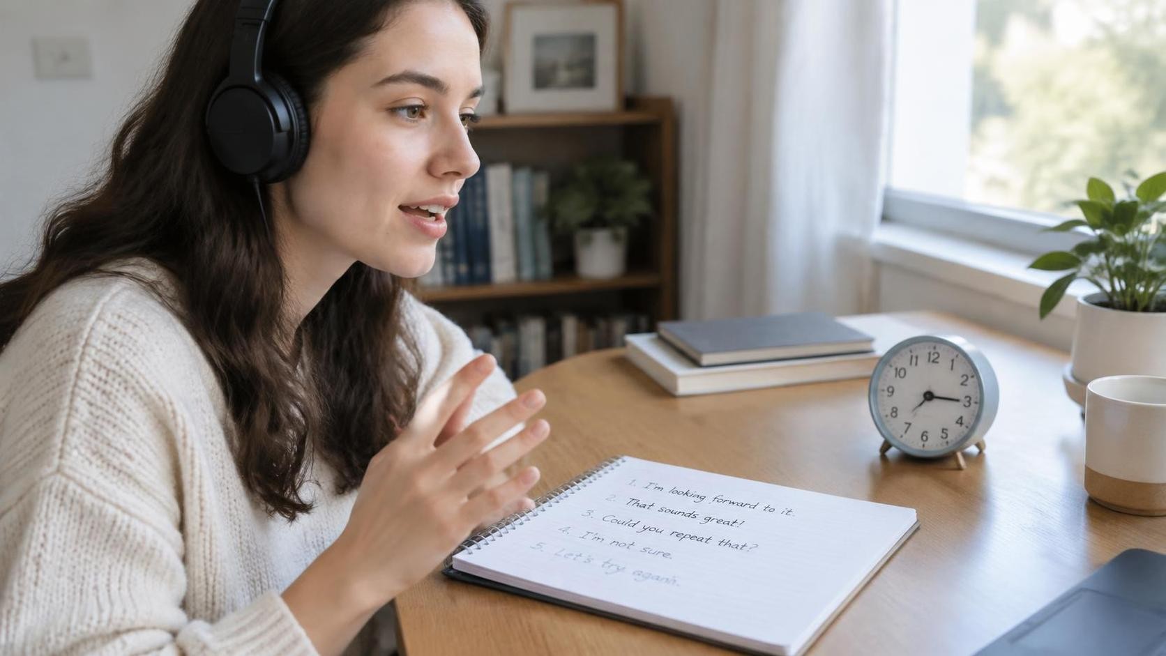 English, photorealistic, a person wearing headphones speaking aloud beside a notebook filled with handwritten English phrases, a small clock on the desk, calm afternoon light, minimal text, 比例 16:9