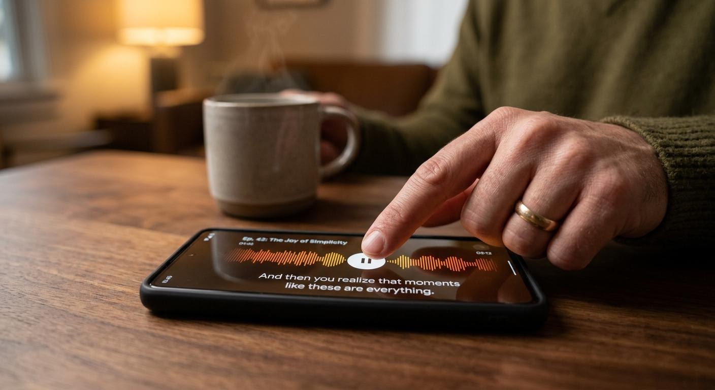 Close up of a hand pausing an audio player on a phone, screen showing a single sentence waveform and English subtitle line, warm indoor lighting, photorealistic