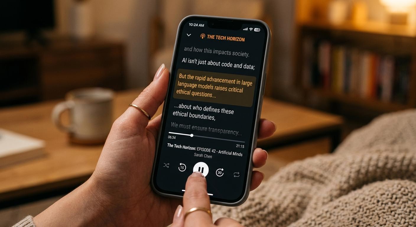 close-up of a smartphone screen showing a podcast player with a highlighted subtitle line and playback controls, hand tapping pause button, warm indoor light, realistic product photo