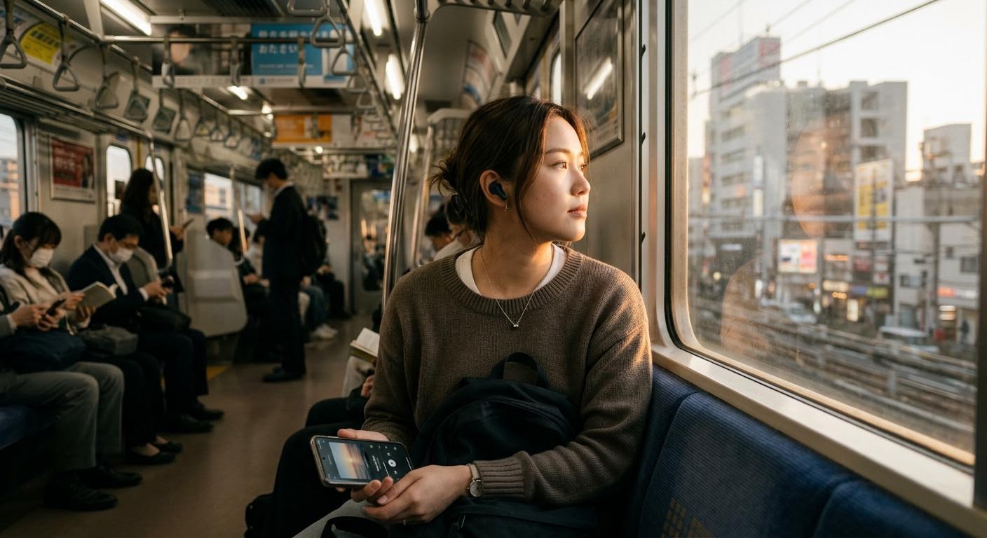通勤者在地鐵車廂裡戴著無線耳機，視線望向車窗外，晨光從車窗照進來，手機畫面停在播放介面，氣氛安靜專注