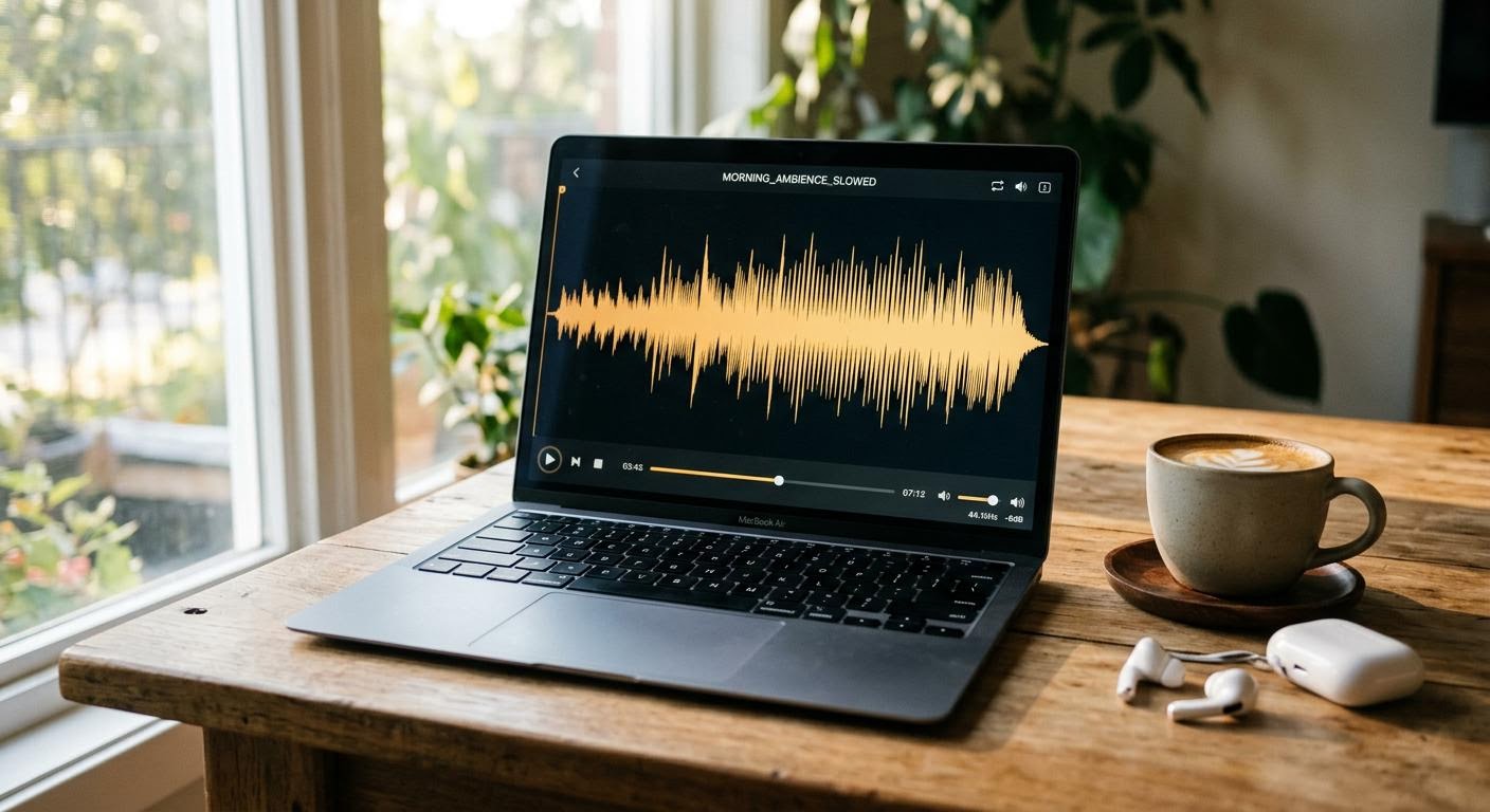 English, photorealistic, a laptop screen showing an audio player with a slowed down waveform, coffee cup and earbuds on a wooden table, morning light through a window, minimal text