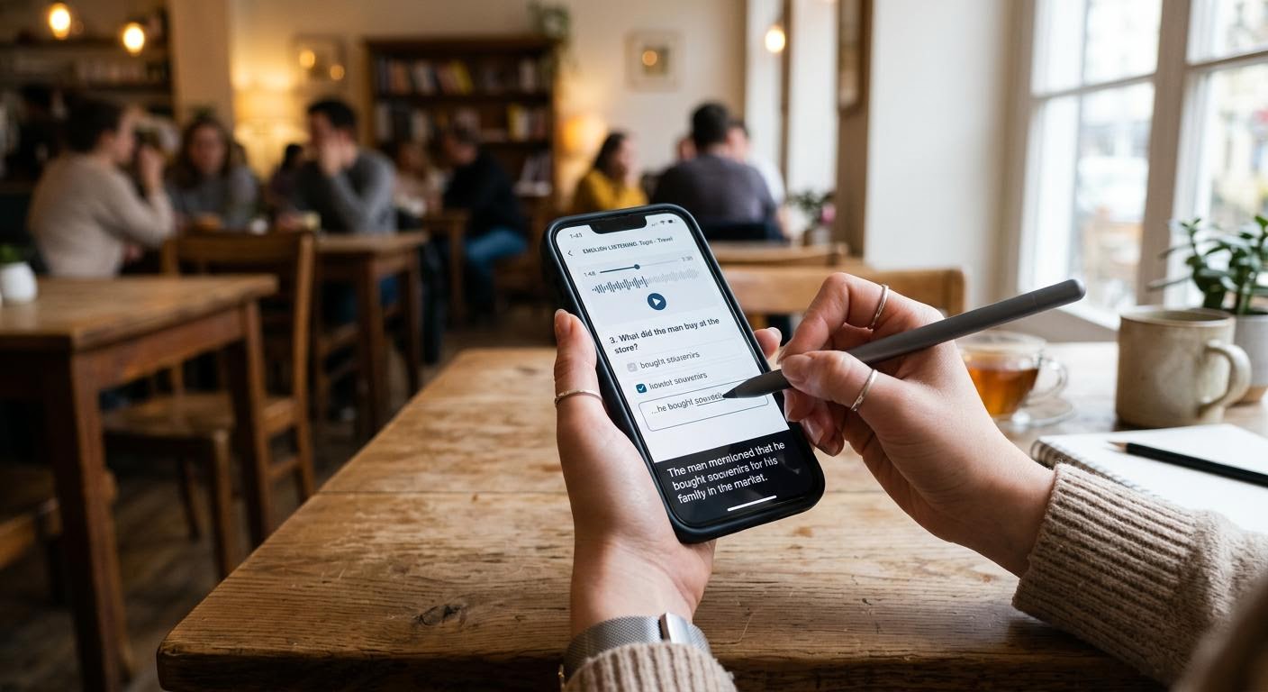 a close up of hands holding a phone while filling in a listening exercise, English subtitles on screen, cozy cafe background, soft afternoon light