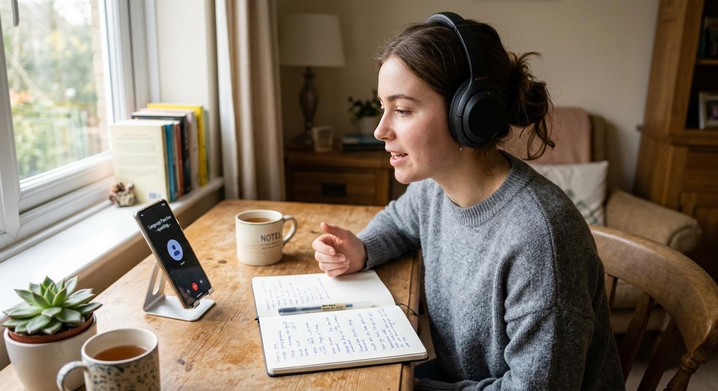 A learner practicing speaking with a phone propped on a desk, headphones on, a notebook and pen nearby, soft indoor light, photorealistic