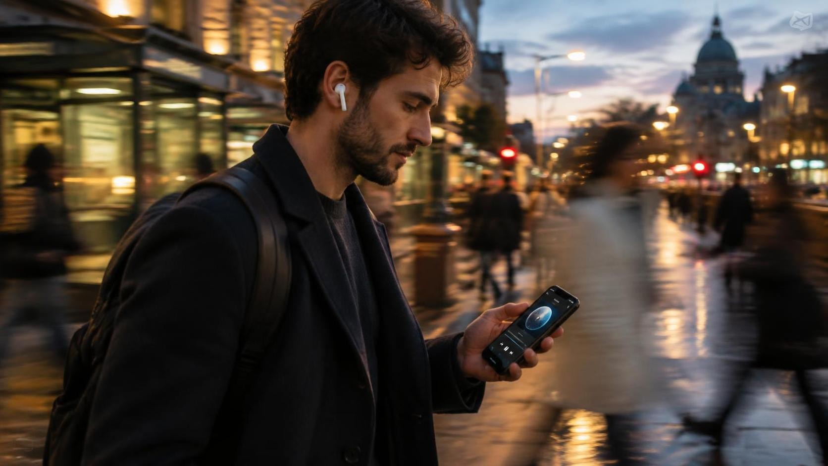 English, photorealistic, a man walking through a city street at dusk wearing wireless earbuds, phone in hand with a listening app open, motion blurred pedestrians and warm street lights behind him, cinematic depth of field, minimal text, 16:9