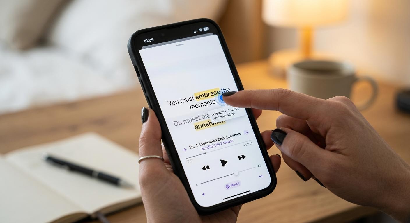 English, photorealistic, close-up of a smartphone screen showing bilingual subtitles over an audio player, finger tapping a highlighted word, soft indoor light, blurred desk background, minimal text