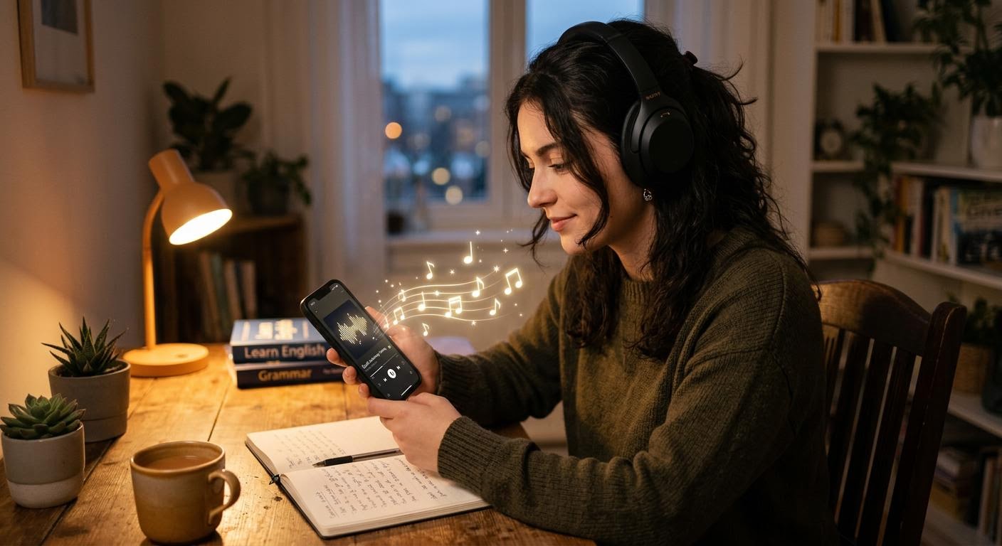 a person wearing earphones listening to English audio on a phone while soft notes glow on the screen, evening desk light