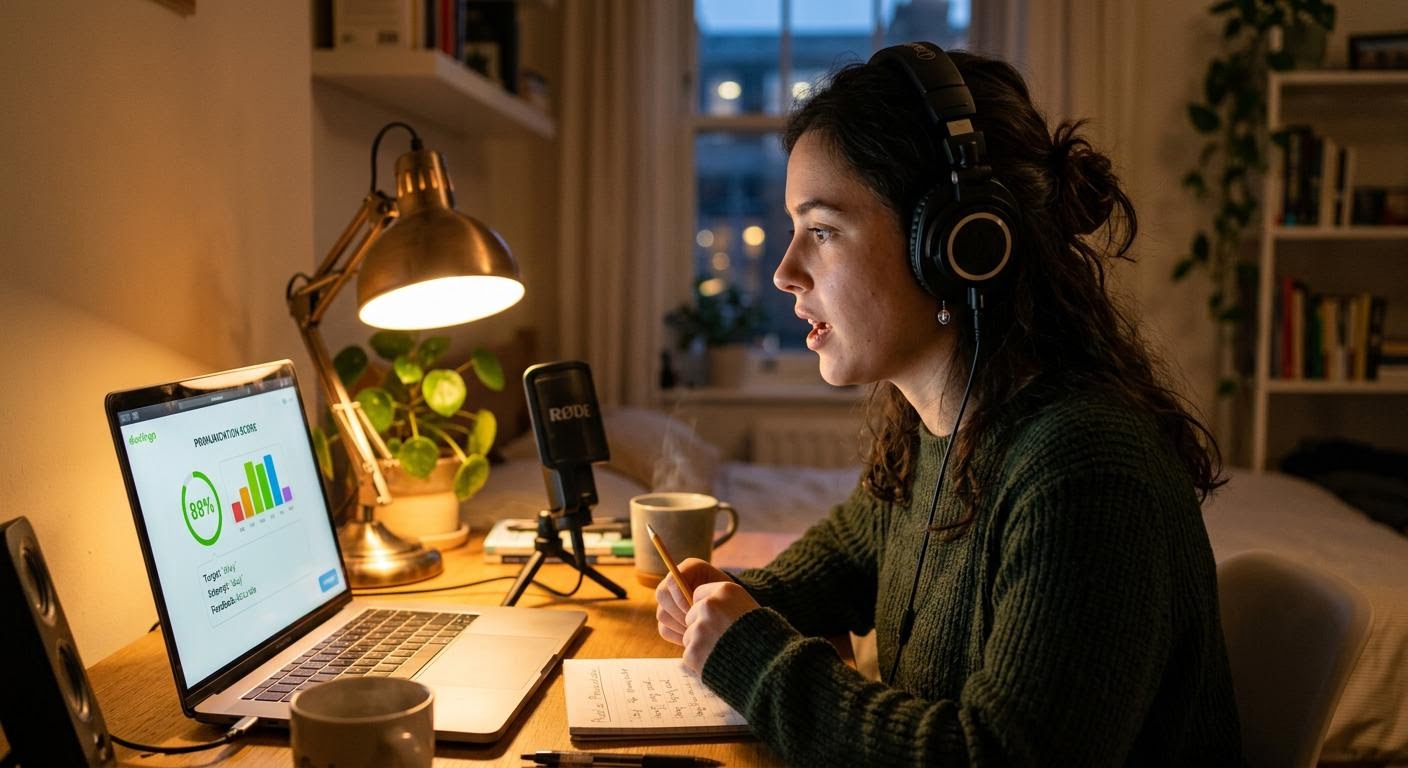 a person speaking along to audio while wearing headphones, mouth slightly open, a screen showing a pronunciation score meter beside them, evening desk lamp light, photorealistic