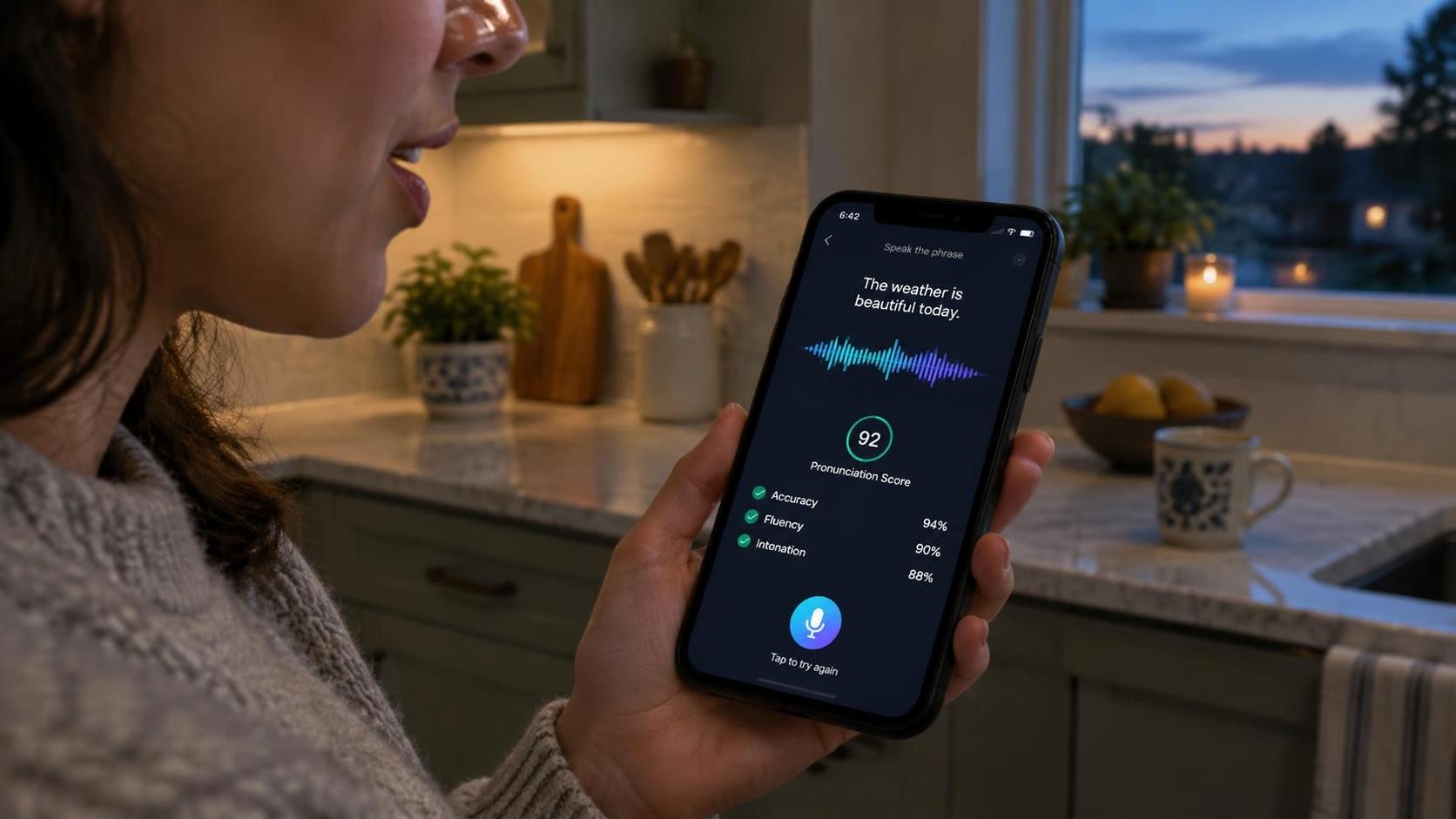 Close up of a person speaking into a phone held at chest height in a quiet kitchen at dusk, waveform and pronunciation score visible on screen, photorealistic, 16:9 ratio