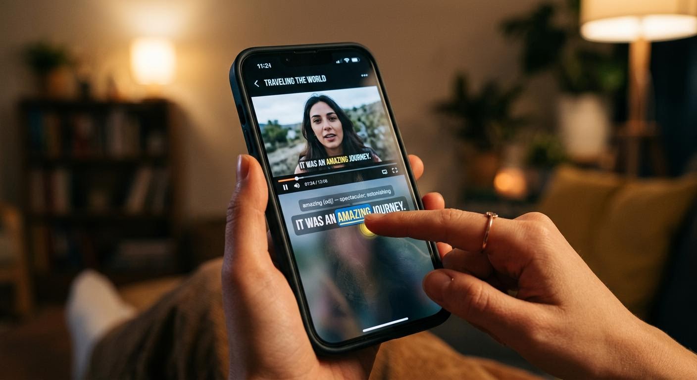 close up of a smartphone screen showing an English video with interactive subtitles, a finger tapping a word, soft indoor lighting, realistic photography, minimal text