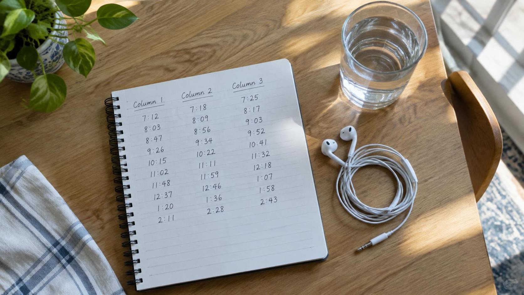 English, photorealistic, an overhead view of a kitchen table with a notebook showing three columns of timestamps, earbuds coiled beside a glass of water, morning light from a window, 16:9