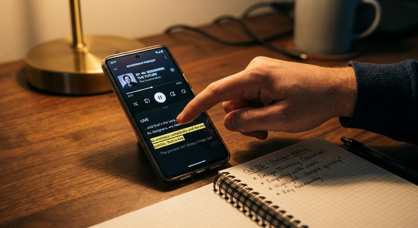English, photorealistic, close up of a hand tapping a phone screen showing a podcast player with a highlighted transcript line, evening desk lamp glow, notebook with handwritten notes beside it, shallow depth of field, minimal text