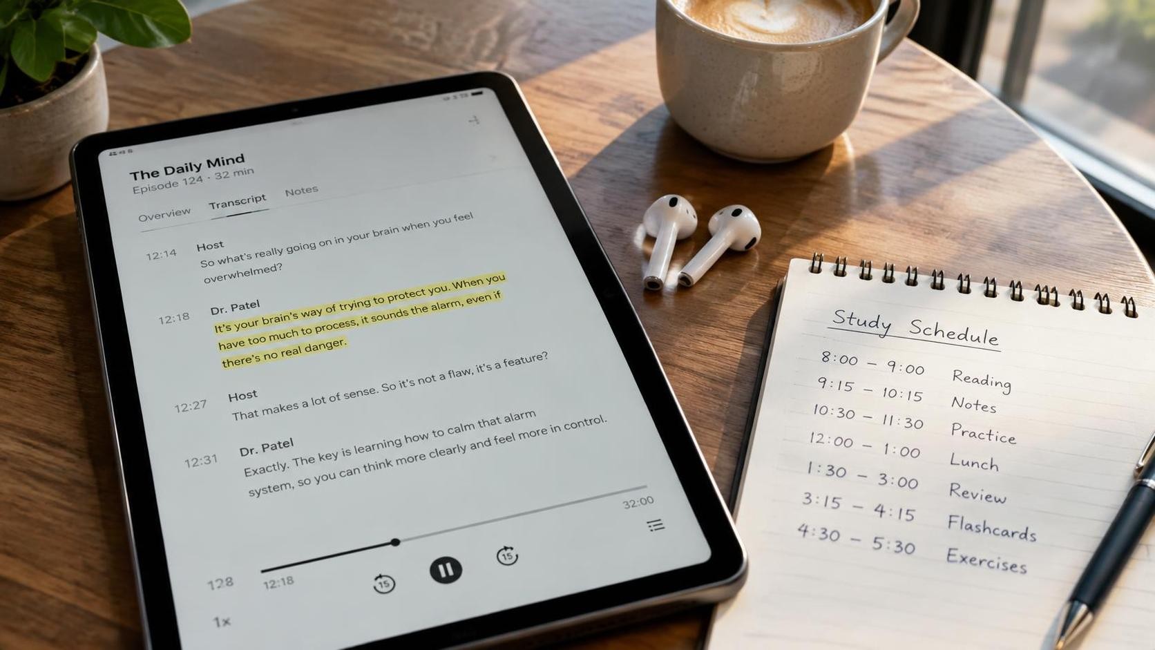 English, photorealistic, close up of a tablet on a cafe table showing a podcast transcript with one highlighted sentence, earbuds and a handwritten study schedule beside it, morning light through window, minimal text, 16:9