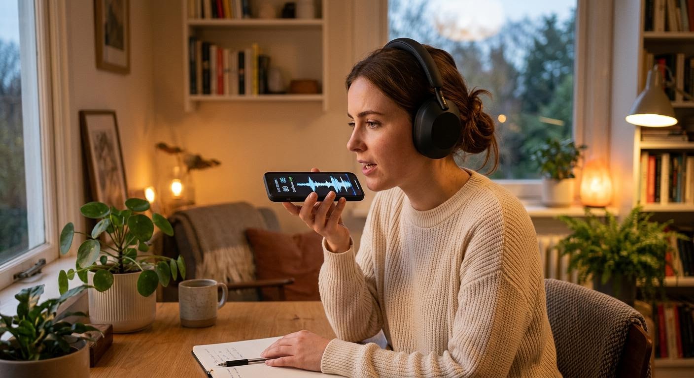 a person wearing headphones speaking into a smartphone while a waveform and score appear on the screen, cozy room with warm evening light, focused expression