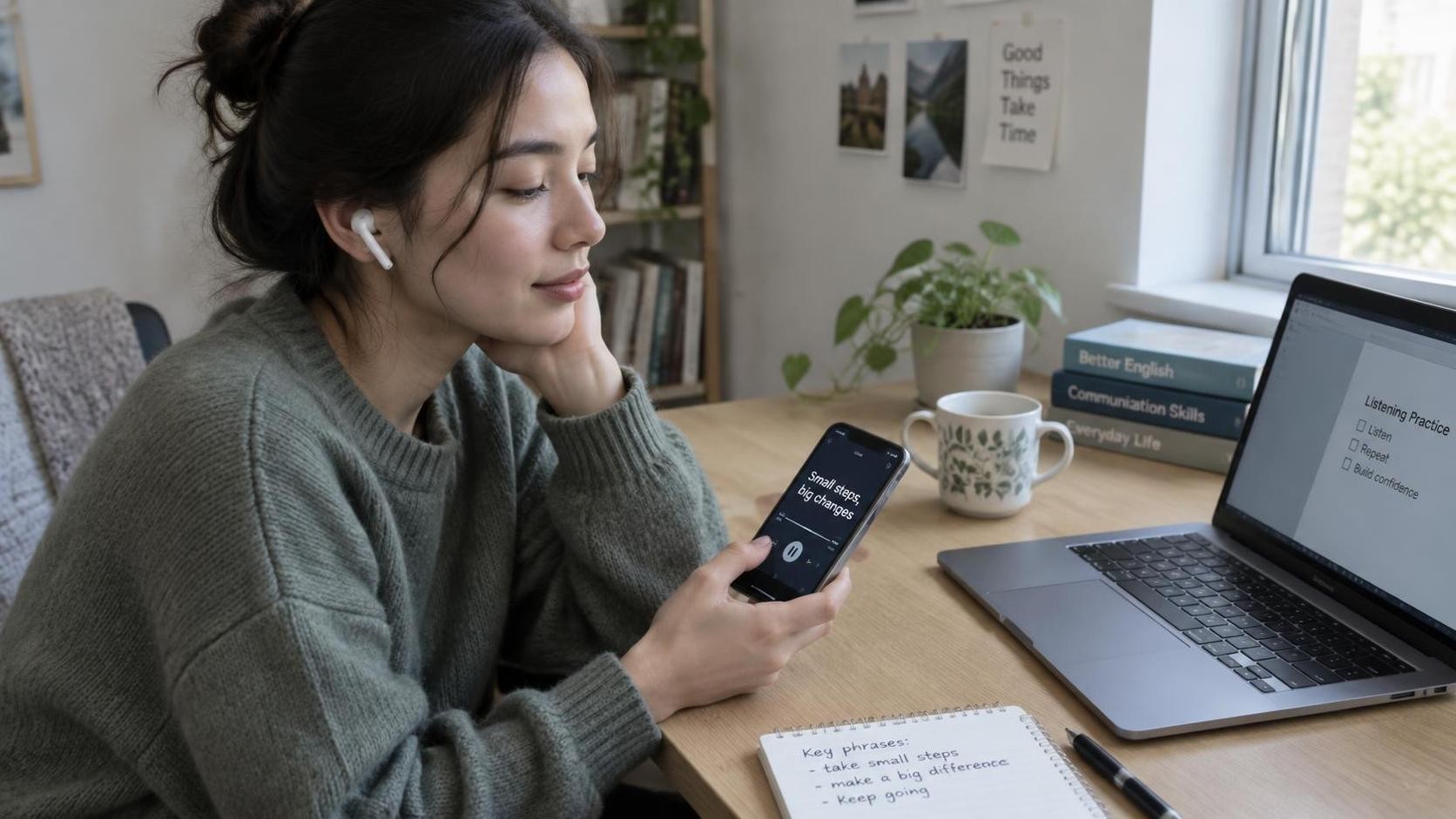 A learner replaying a short podcast sentence on a phone beside a laptop, then listening again without looking at the screen, quiet home study space, soft natural light, realistic photography, 16:9
