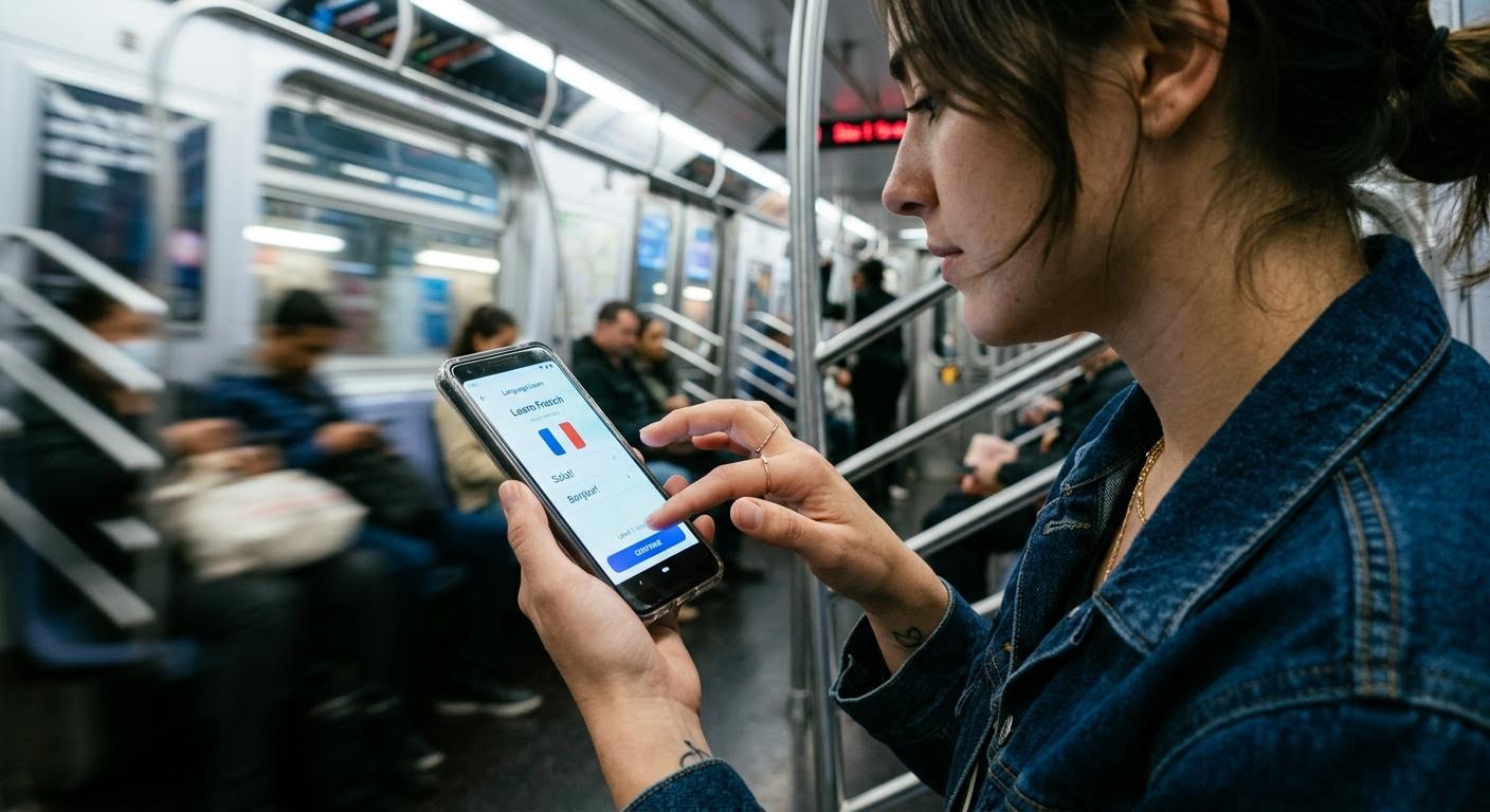 English, photorealistic, close-up of a person tapping a language learning app on a phone screen while commuting on a subway, blurred motion in background, cool ambient light, minimal text