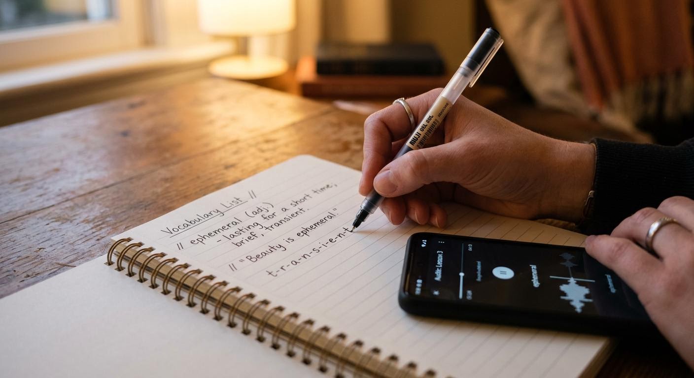 English, photorealistic, close up of a hand writing vocabulary notes in a notebook next to a smartphone playing audio, warm indoor light, minimal text