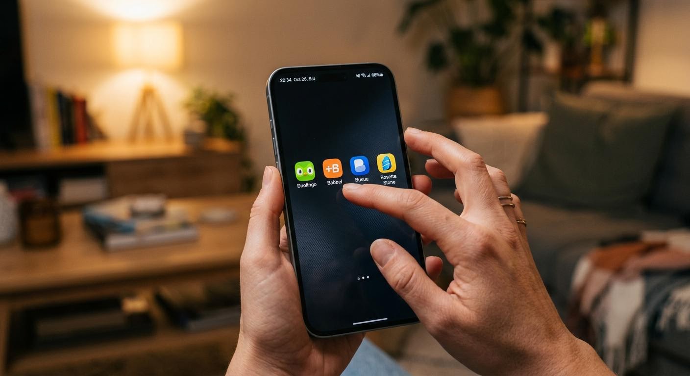 Close up of a smartphone home screen showing four English learning app icons in a neat row, a hand hovering above the screen, blurred living room background, warm evening lamplight, minimal text