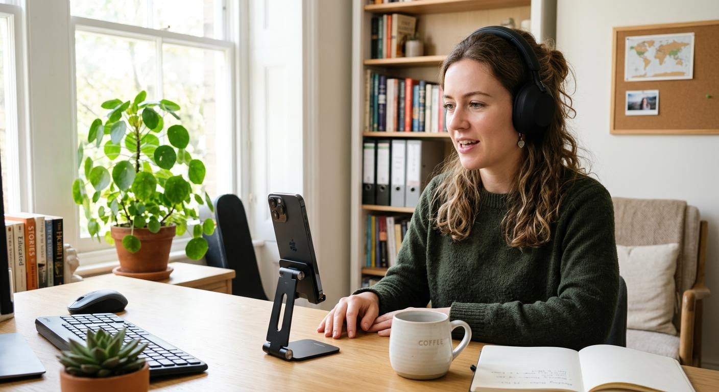 English, photorealistic, a person wearing earphones speaking toward a phone on a small stand, bright study room with a plant, soft daylight, minimal text