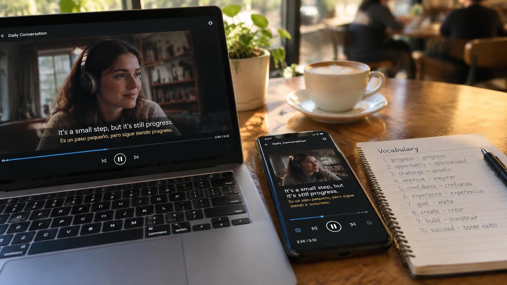 English, photorealistic, close up of a laptop and phone side by side on a cafe table showing a listening app with dual language subtitles, a notebook with a vocabulary list, warm afternoon light through a window, blurred cafe background, minimal text, 16:9