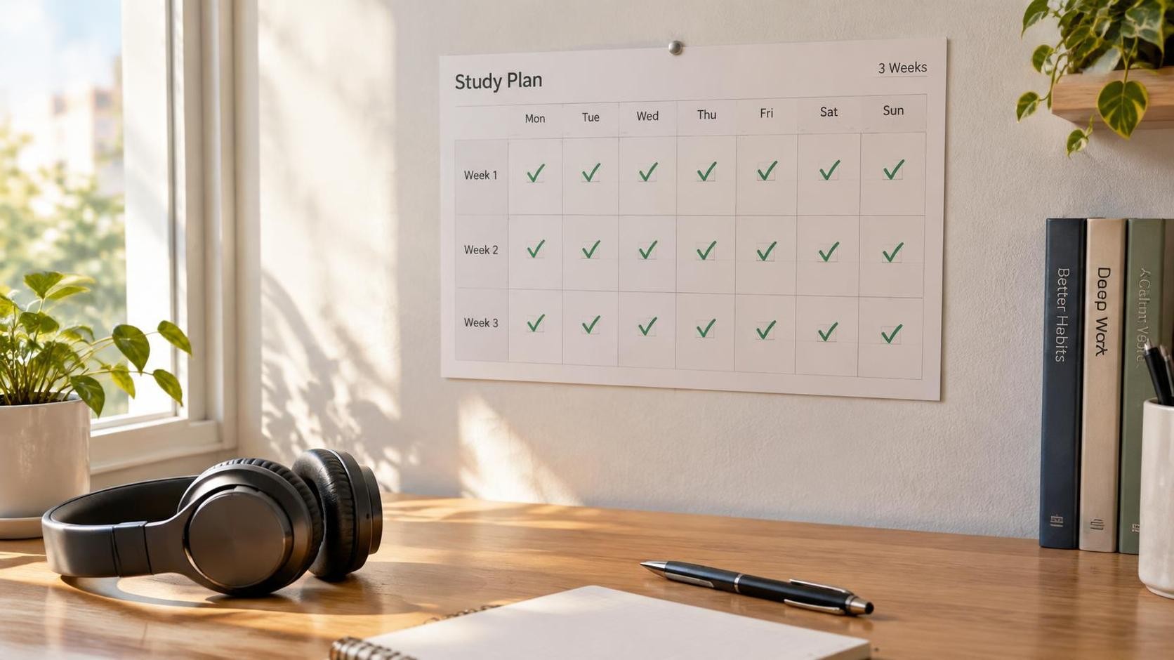 English, photorealistic, a three-week study calendar on a wall with checkmarks on each day, headphones and a pen on a desk below, morning light, tidy room, minimal text, 16:9