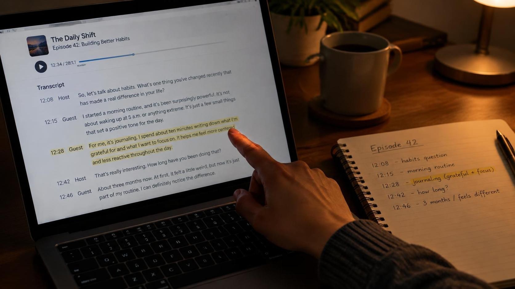 English, photorealistic, a laptop screen showing an English podcast transcript beside a notebook with timestamps, a hand pointing at a highlighted line, dim evening desk lamp light, warm tones, minimal text, 16:9