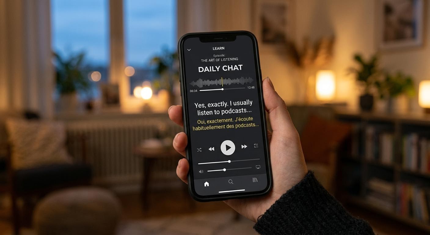 English, photorealistic, close up of a smartphone screen showing a podcast learning app with bilingual subtitles and a play button, held in a hand, blurred cozy room background at dusk, minimal text