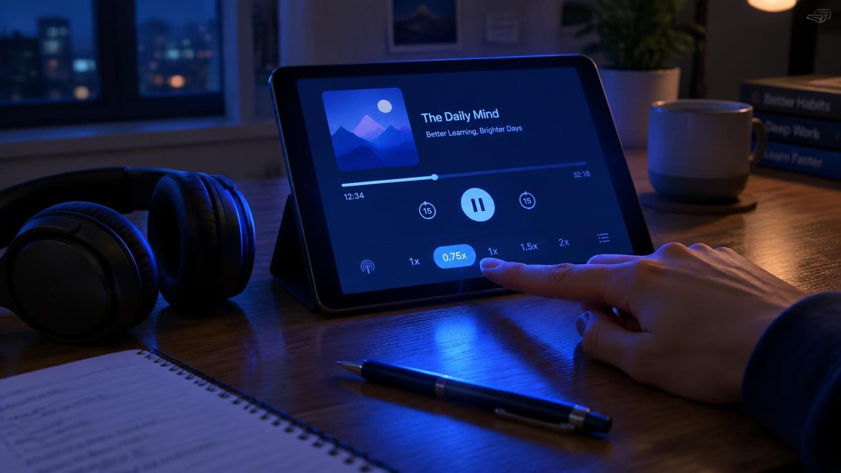 A learner's desk at night with a tablet propped up showing a podcast player interface, finger hovering over a slow speed button, headphones and a pen nearby, blue screen glow on the wooden surface, minimal text, 16:9