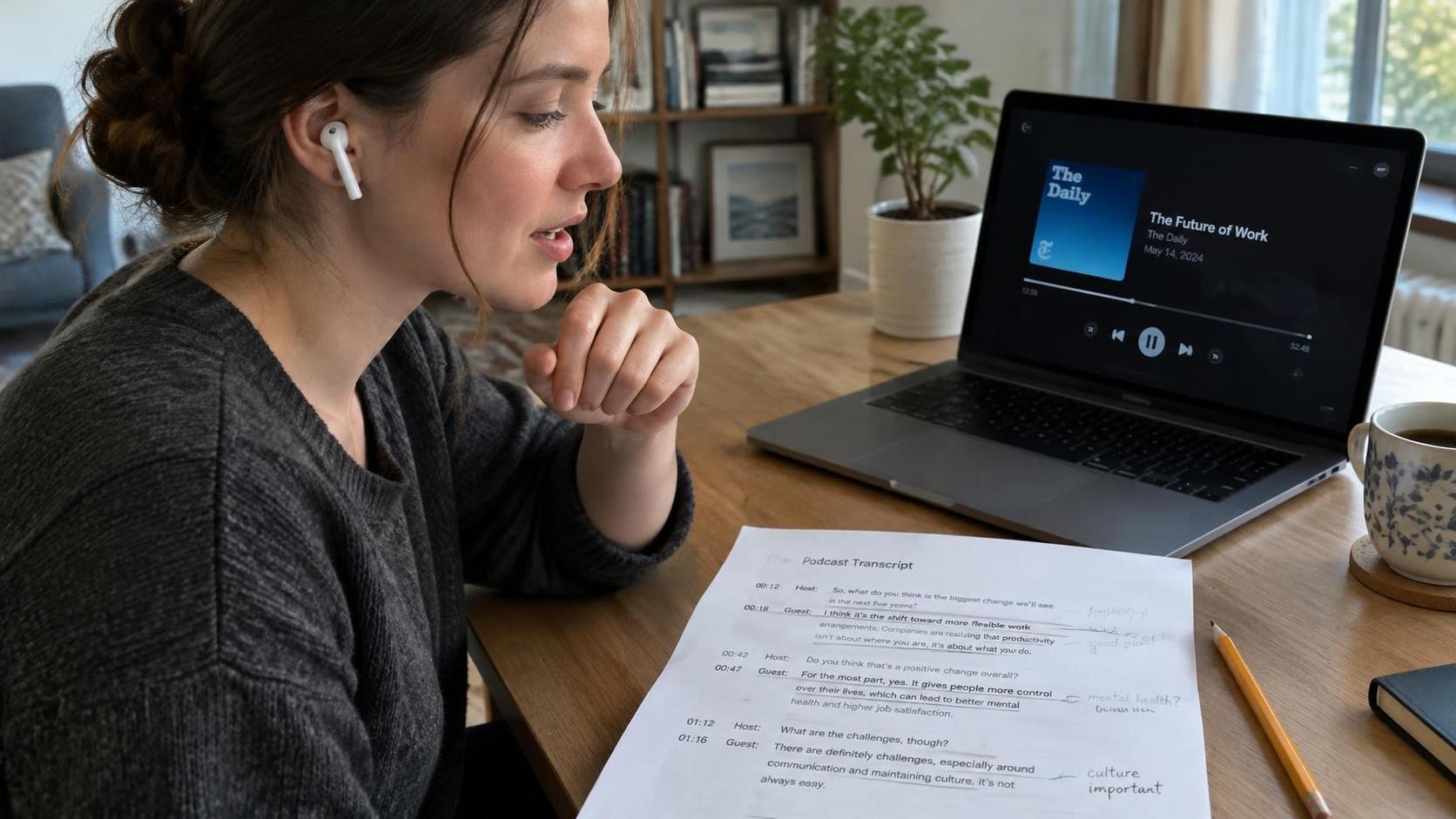 English, photorealistic, a person wearing earbuds speaking softly along with a podcast, lips slightly open mid-phrase, printed transcript with pencil marks on the desk, calm indoor setting, 比例 16:9