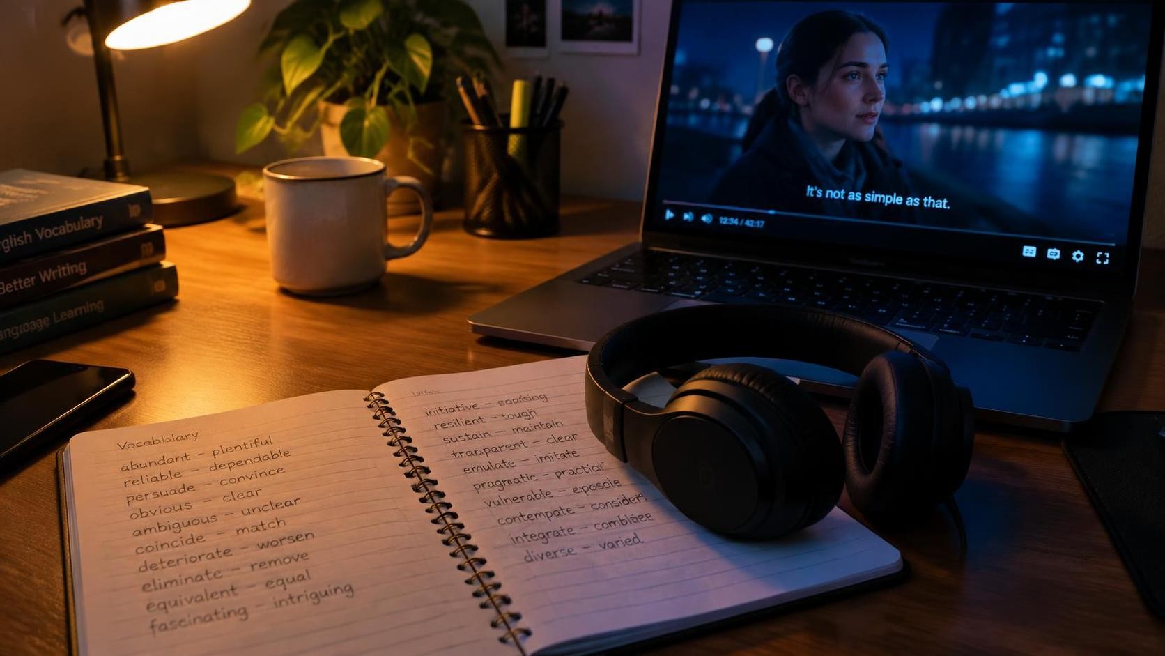 English, photorealistic, a student desk at night with a notebook of handwritten vocabulary lists, headphones resting on the page, laptop showing a subtitle player, warm lamp light and cool monitor glow, minimal text, 16:9