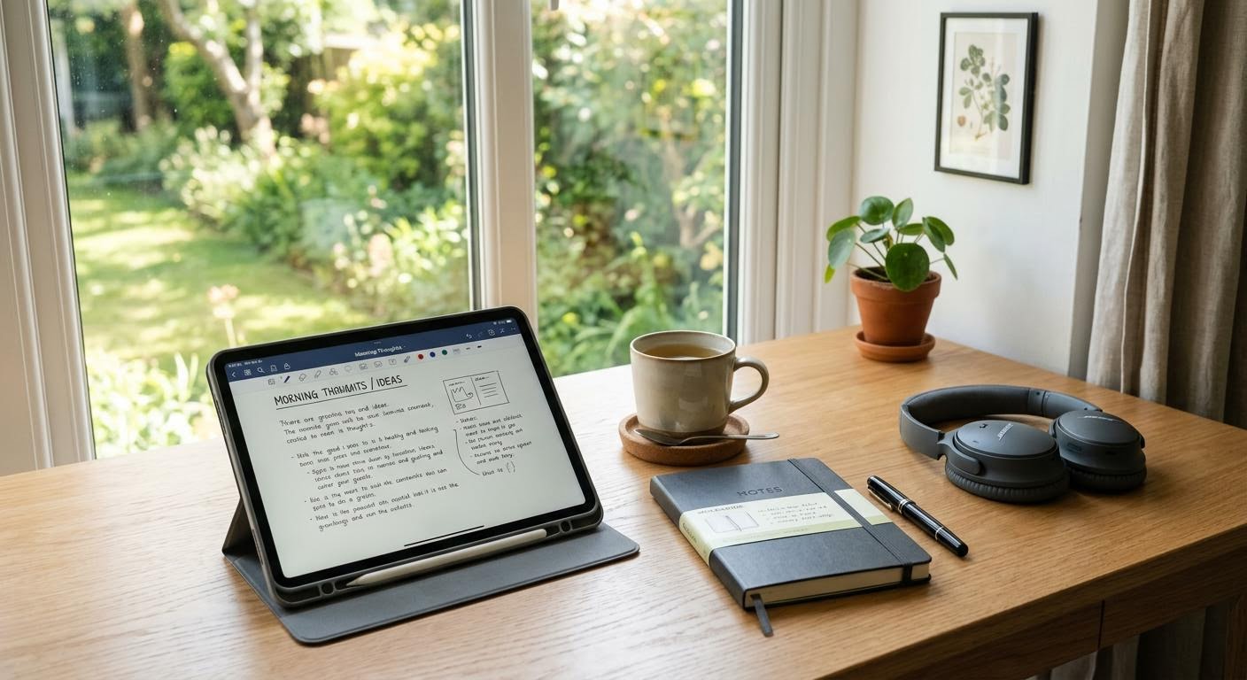 a clean desk with a tablet, headphones, and a notebook, soft daylight, a cup of tea nearby