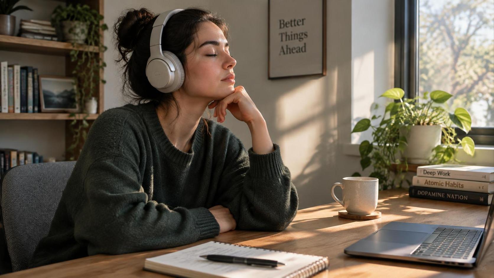 A person in a quiet room wearing over-ear headphones, eyes closed in concentration, soft afternoon light across a desk