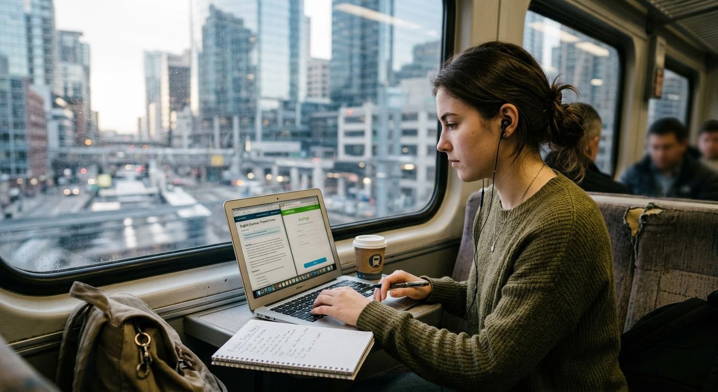 A young woman studying English on a laptop while commuting on a train, earbuds in, city buildings passing outside the window, soft morning light, candid documentary style, shallow depth of field