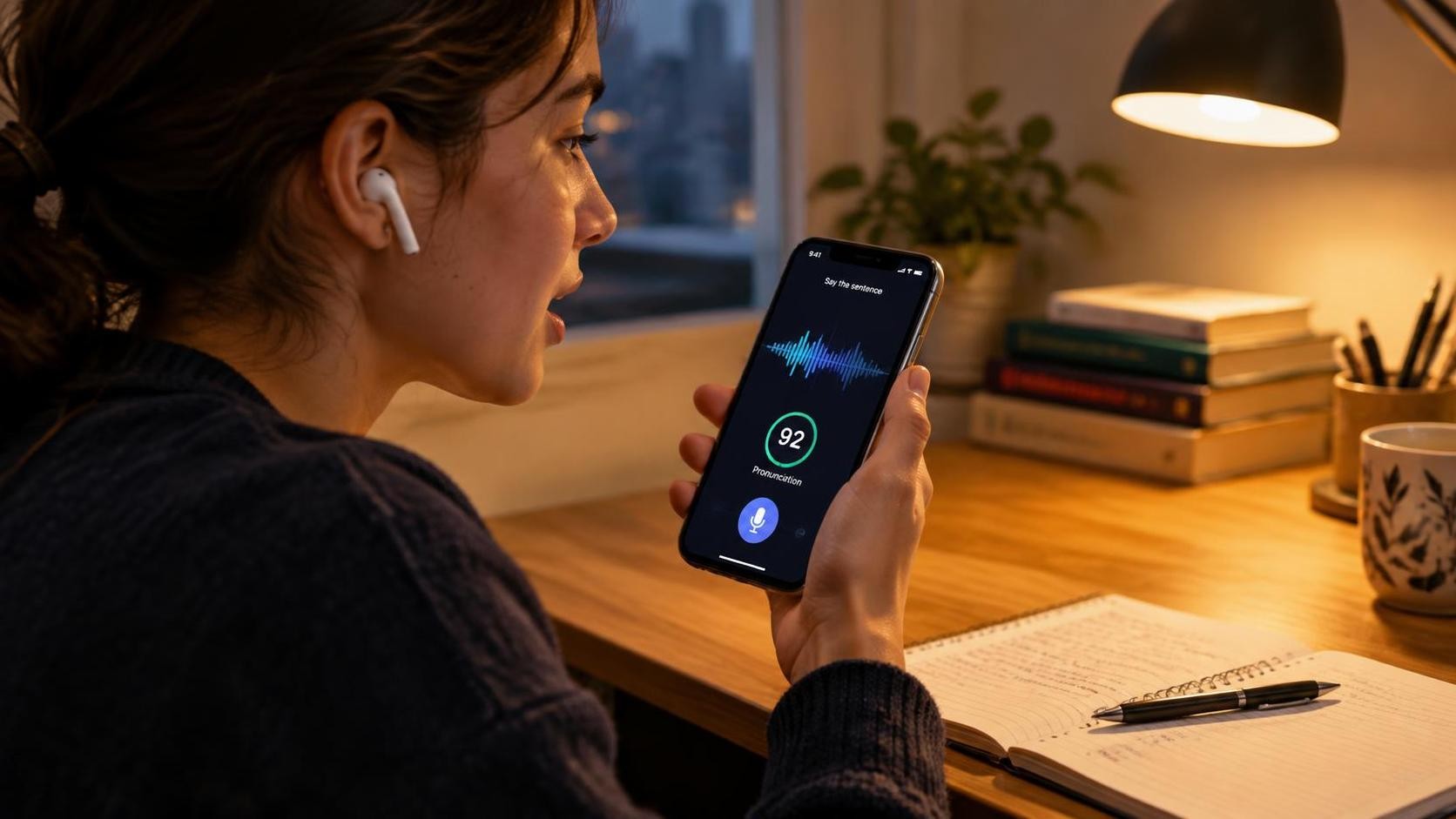 English, photorealistic, a student wearing earbuds speaking into a phone while a waveform and pronunciation score appear on the screen, evening desk setup with notebook and lamp, warm ambient light, minimal text, 16:9