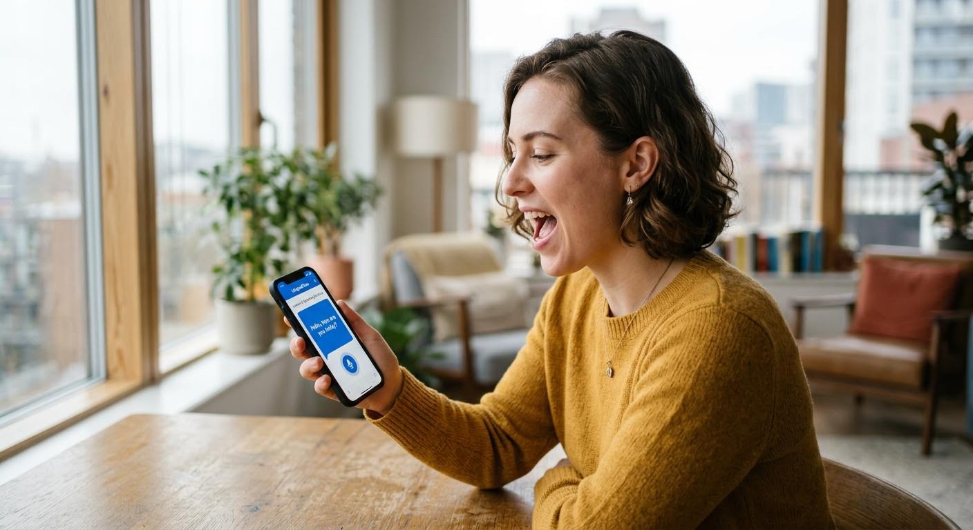 English, photorealistic, a person speaking English while looking at a language learning app on a phone held in one hand, mouth open mid-sentence, bright modern room, natural daylight, shallow depth of field, minimal text