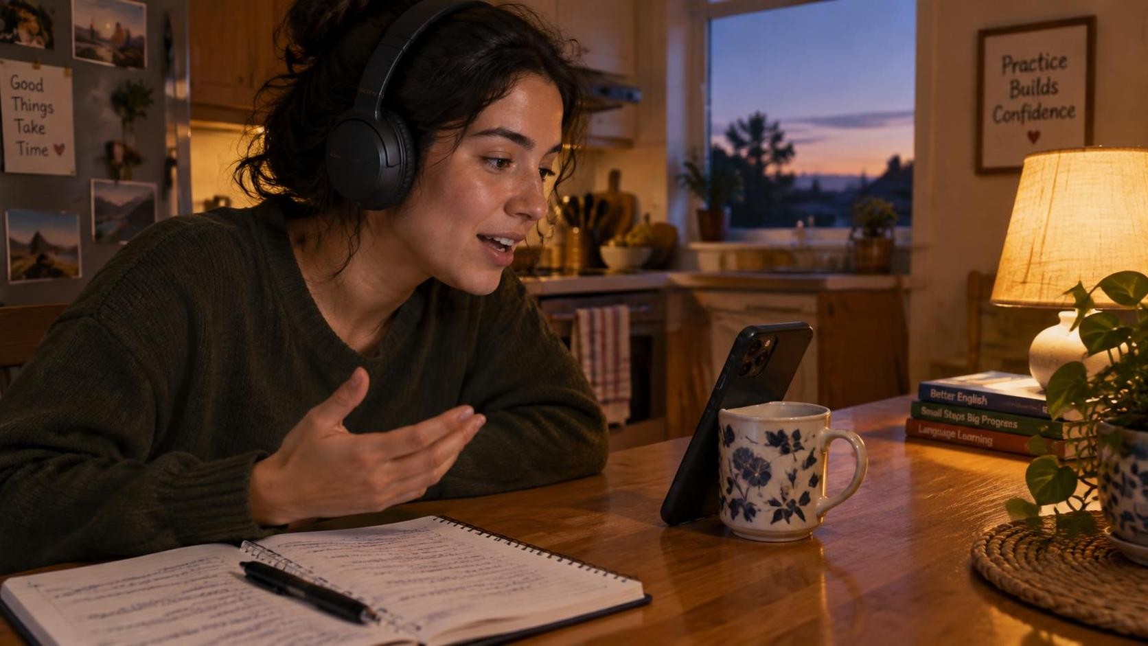 A person wearing headphones speaking into a phone propped against a mug on a kitchen table at dusk, warm lamp light, casual practice setting, 16:9