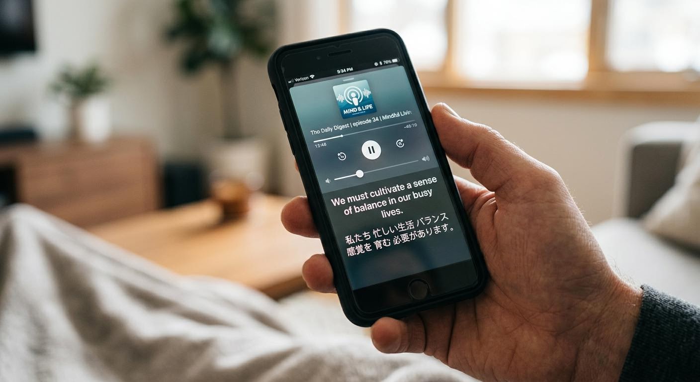 close up of a phone screen showing dual language subtitles over a podcast player, hand holding the phone, soft indoor light